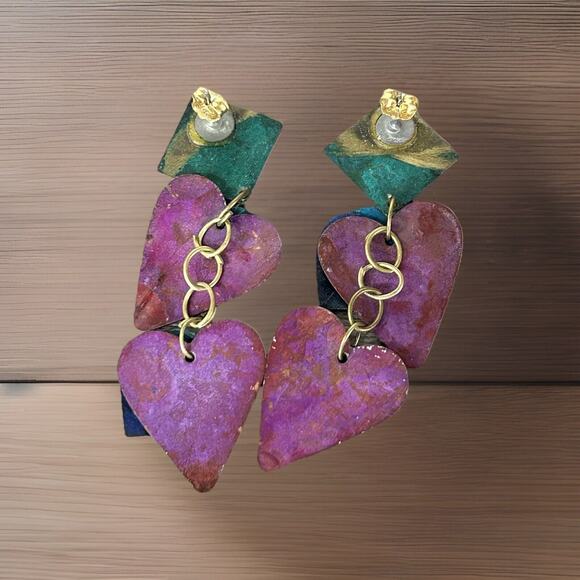 Cute Boho Distressed Heart Stud/Dangle Earrings - Picture 2 of 3